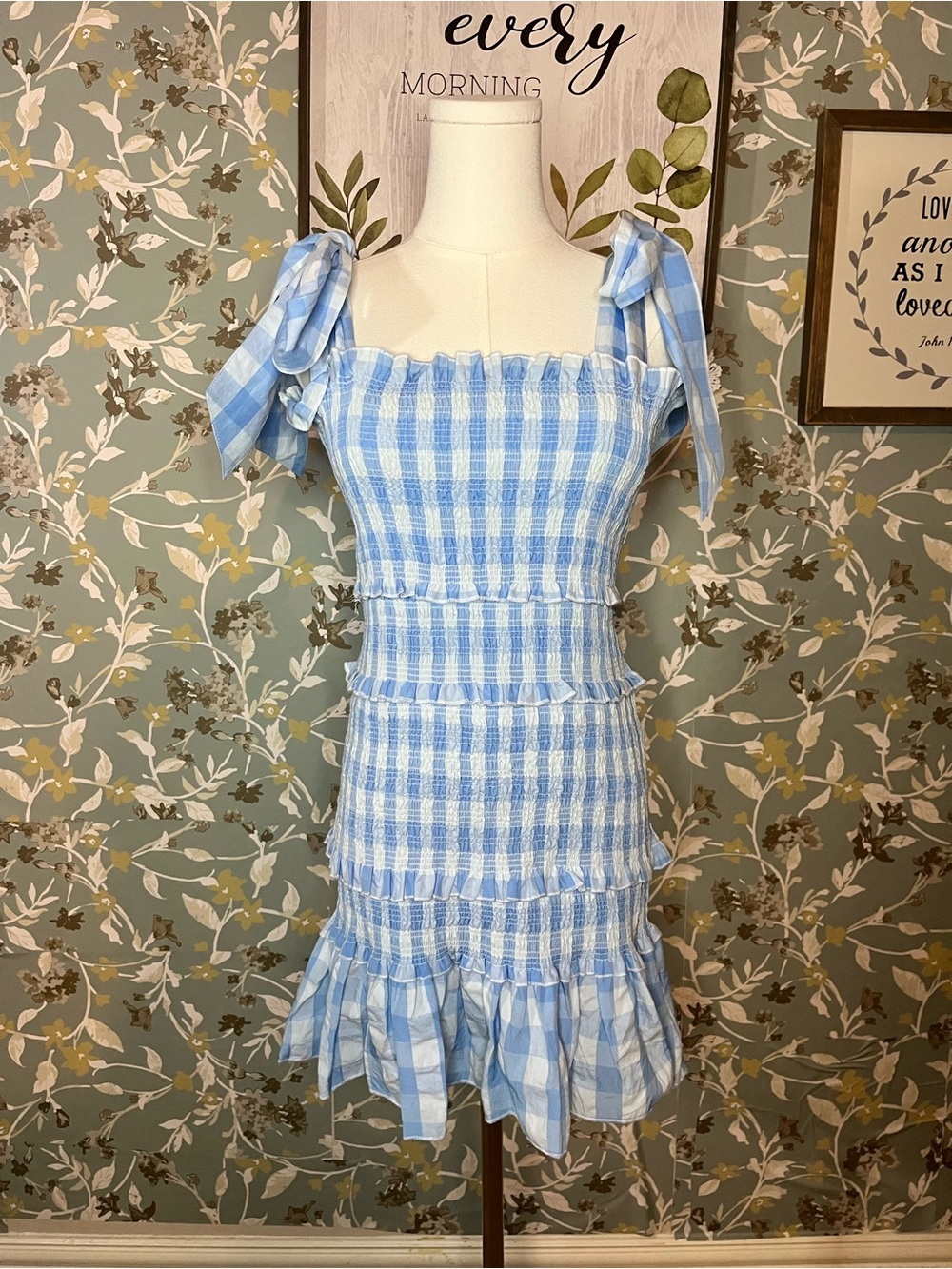 Mable Blue Gingham Smocked Ruffle Mini Dress Medium